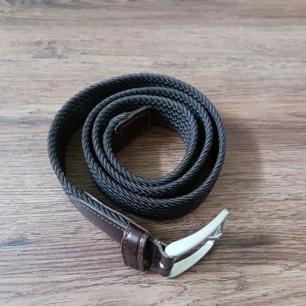 Lands End Brown Woven Braid Elastic Belt‎ W/ Brown Leather Men's Medium 32-34